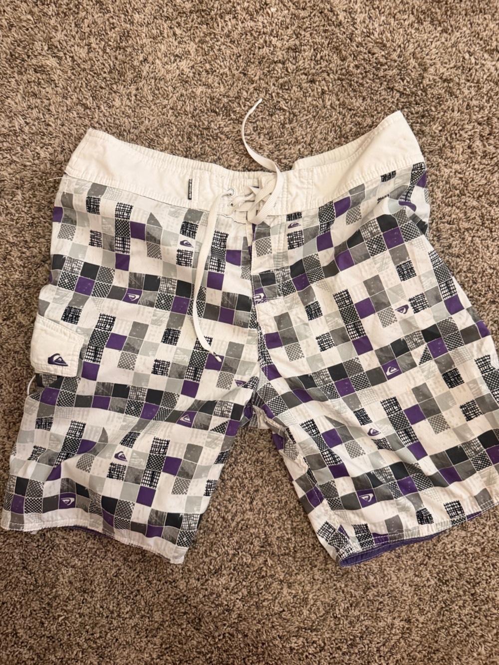 Quiksilver White, Purple, Gray Checkered Men’s Swim Trunks
